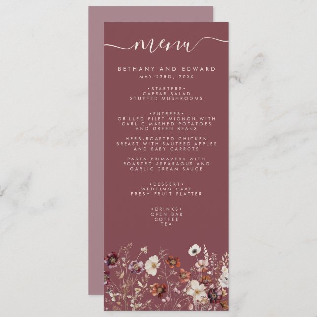 Menu Fleurs séchées à la chute Whimsical Mauve Mariage (Devant / Derrière)