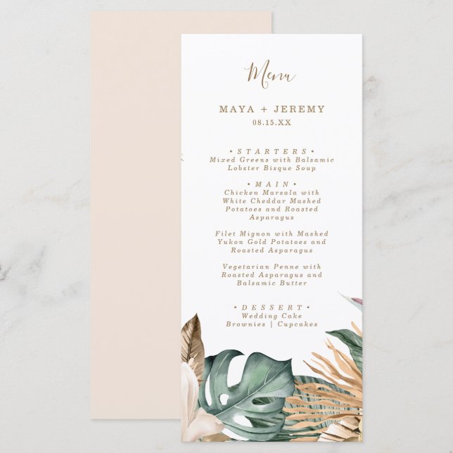 Menu Fleurs Tropicales Botaniques Or Mariage Mauve  (Devant / Derrière)