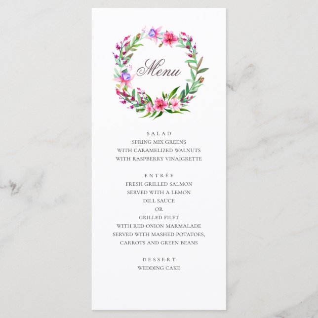 Menu Fleurs tropicales roses. Mariage floral aquarelle (Devant)