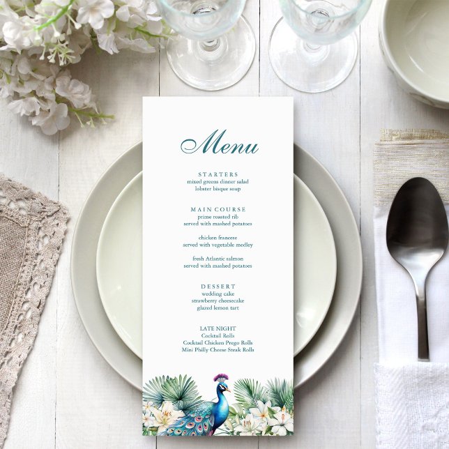 Menu Fleurs tropicales sarcelles Mariage paon (Teal Tropical Flowers Peacock Wedding Menu on a wedding table.)