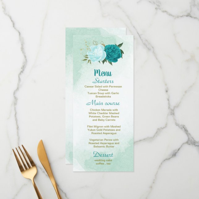 Menu fleurs turquoise vert feuille mariage (Devant/Arrière en situation)