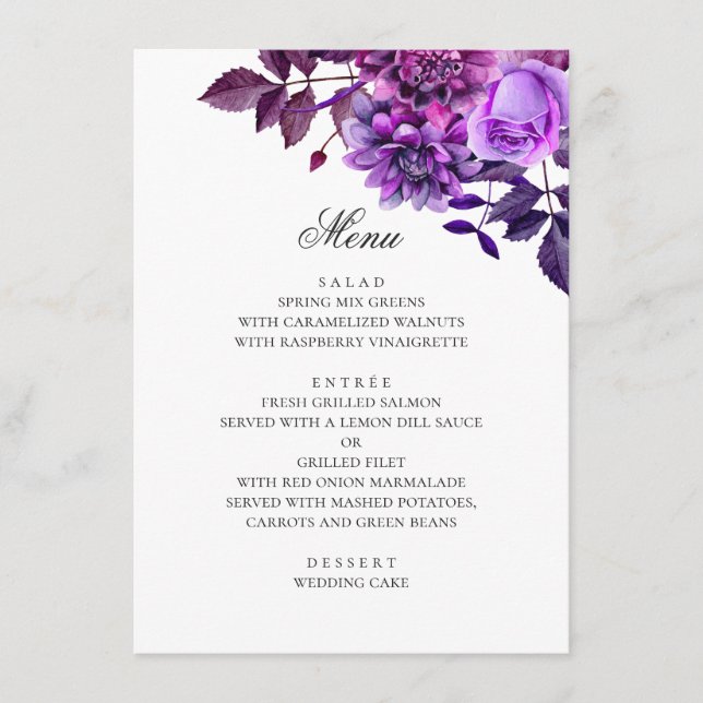 Menu Fleurs violettes à l'aquarelle. Mariage floral lav (Devant)