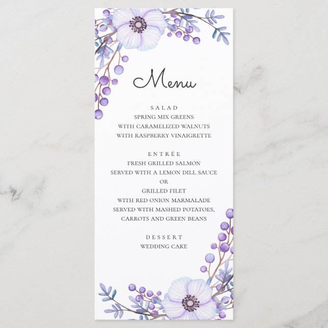 Menu Fleurs violettes à l'aquarelle. Mariage floral vio (Devant)
