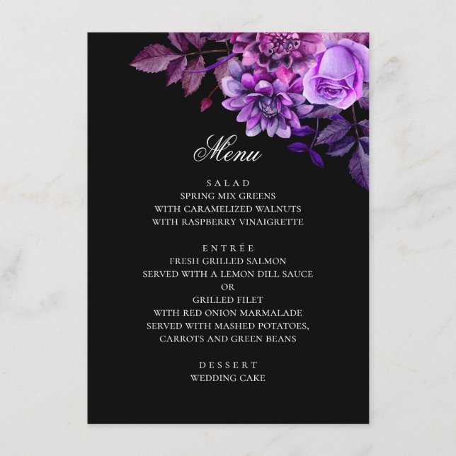 Menu Fleurs violettes à l'aquarelle. Mariage noir flora (Devant)