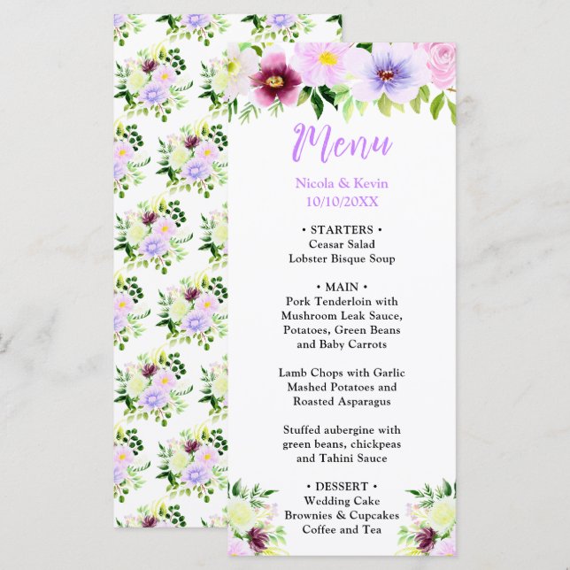 Menu Fleurs violettes de printemps avec feuillage (Devant / Derrière)