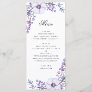 Menu Fleurs violettes. Dîner de mariage floral violet