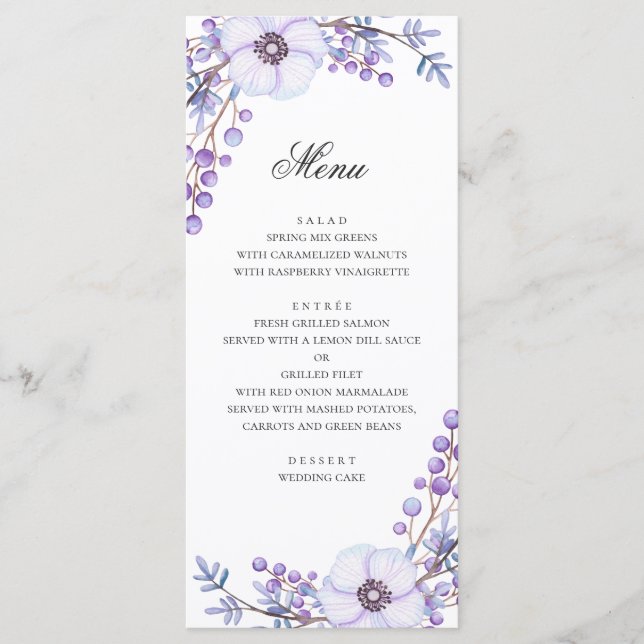 Menu Fleurs violettes. Dîner de mariage floral violet (Devant)