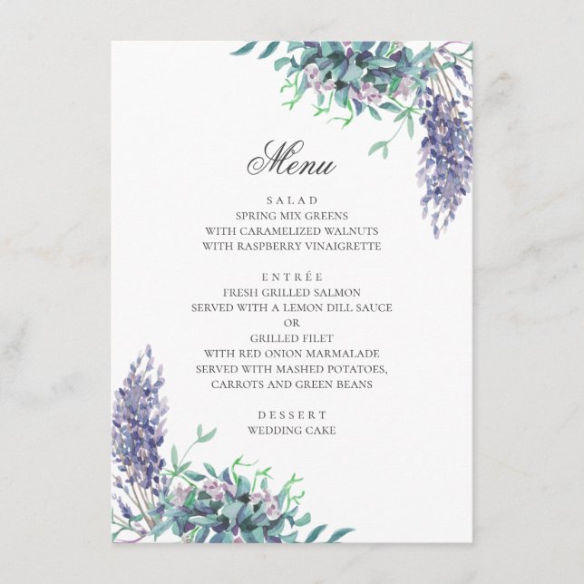 Menu Fleurs violettes. Mariage floral de jardin. Lavand (Devant)