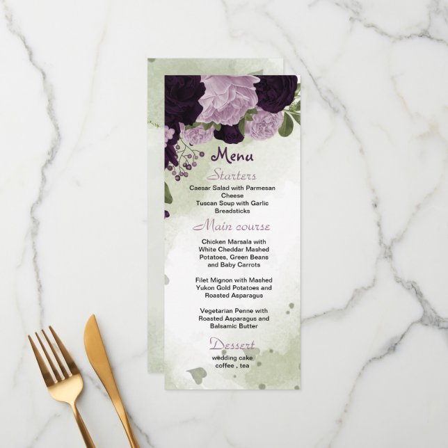 Menu fleurs violettes mariage vert (Devant/Arrière en situation)