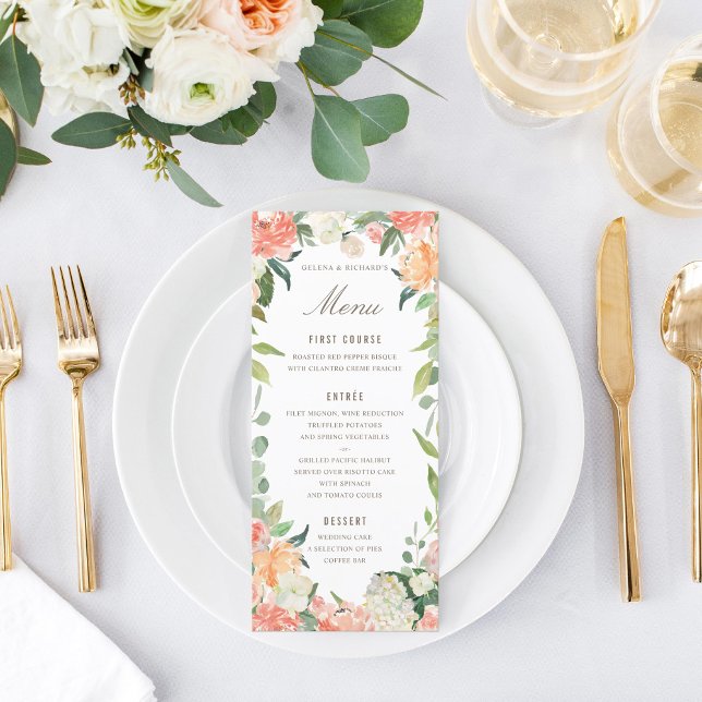Menu floral aquarelle Blush de printemps et pêche (Créateur téléchargé)