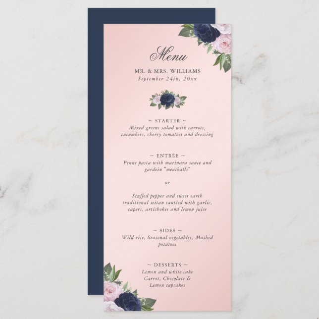 Menu Floral Blush rose marine Mariage bleu (Devant / Derrière)