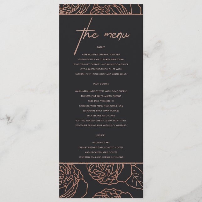 MENU FLORAL BLUSH ROSE ROSE GOLD NOIR ÉLÉGANT (Devant)