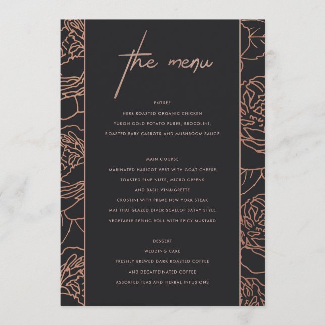 MENU FLORAL BLUSH ROSE ROSE GOLD NOIR ÉLÉGANT (Devant)