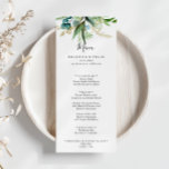 Menu Floral D'Or Avec Dîner De Verdure Tropicale<br><div class="desc">Cette carte de menu à la floraison dorée et à la verdure tropicale est parfaite pour un mariage de destination. Le design se compose principalement de feuillage vert aquarelle peint à la main et de fleurs dorées. Ce menu peut être utilisé pour une réception de mariage, un dîner de répétition,...</div>