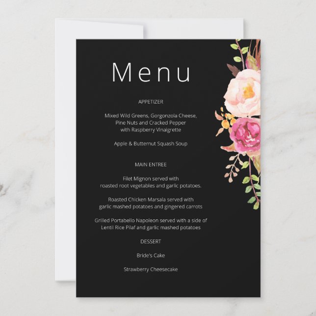 Menu floral en fleurs rose pâle - Invitation noire (Devant)