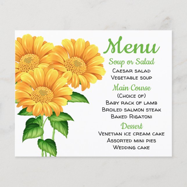 Menu Floral Fleur Mariage jaune tournesol vert (Devant)