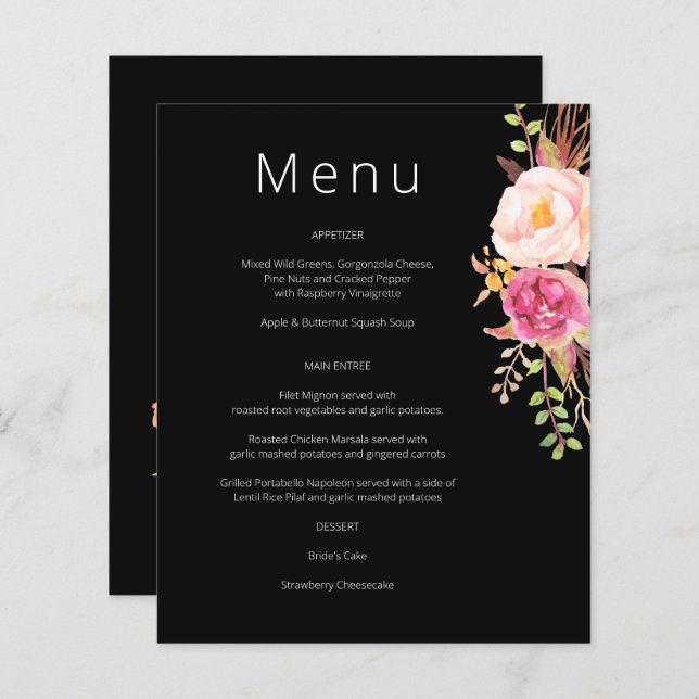 Menu Floral Fleuri Rose Budget - Noir (Devant / Derrière)
