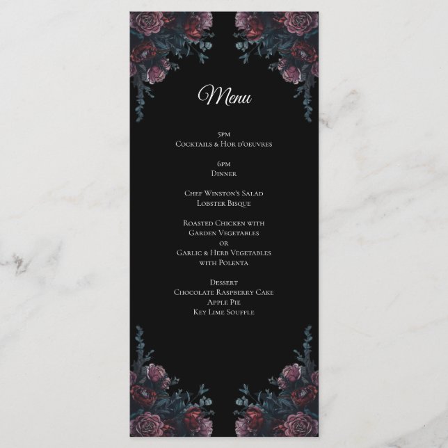 Menu Floral foncé Mariage gothique noir élégant (Devant)