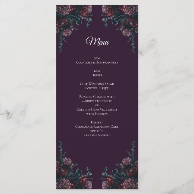 Menu Floral foncé violet élégant Mariage Maroon Mauve (Devant)