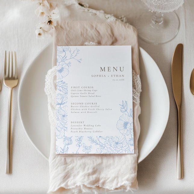Menu Floral Line Art Mariage bleu français (Créateur téléchargé)