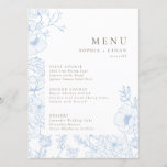 Menu Floral Line Art Mariage bleu français<br><div class="desc">Cadre d'art moderne minimaliste à motifs floraux,  menu mariage bleu français et brun foncé.</div>