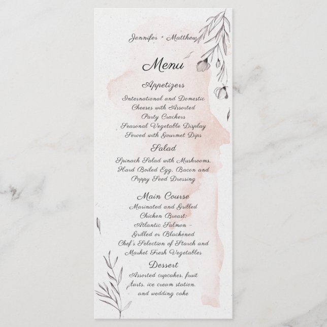 Menu floral moderne aquarelle pêche et gris (Devant)