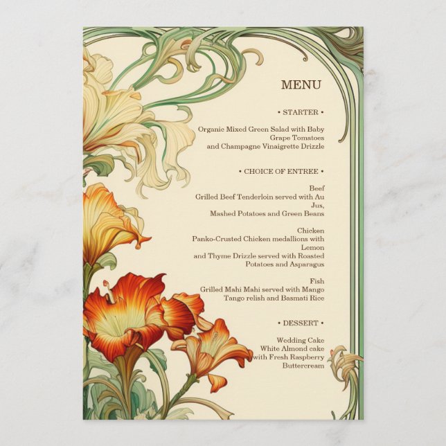 Menu Floral Mucha Art Nouveau Botanique rouge et orange (Devant)