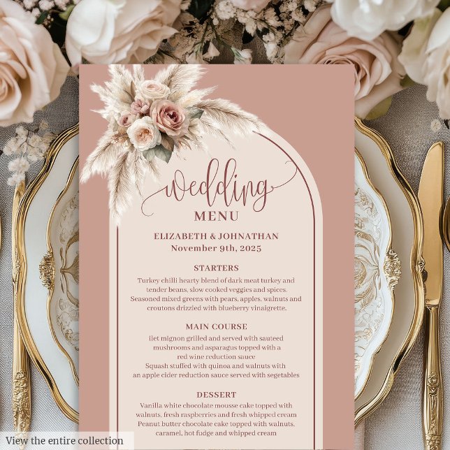 Menu Floral Pampa Rose Pâle Arc Romantique (Romantic Arch Pastel Pink Pampas Floral Wedding Menu)