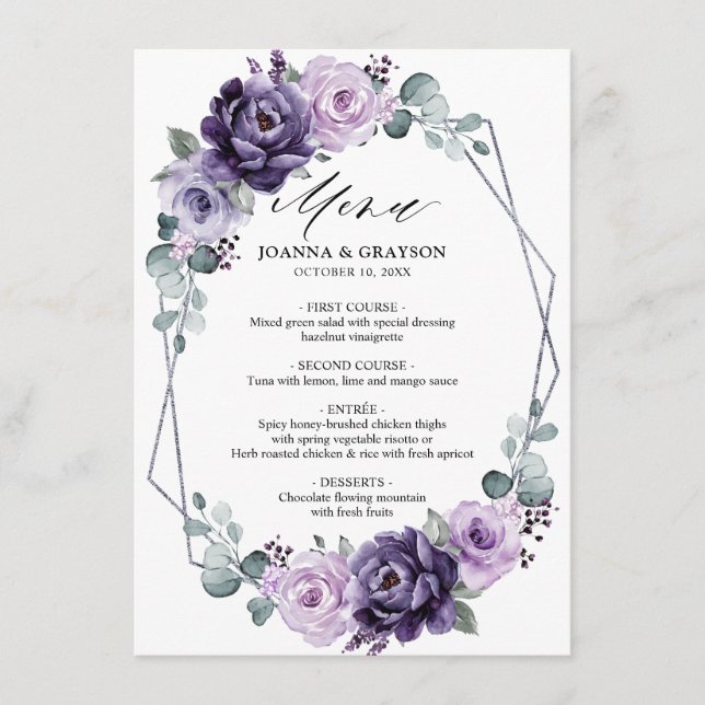 Menu Floral Plum violet Argent Floroms Mariage géométri (Devant)