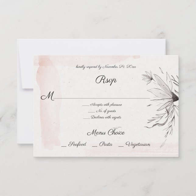 Menu Floral Rose et Gris Aquarelle Moderne RSVP (Devant)