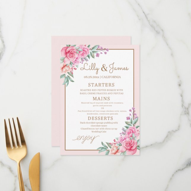Menu Floral rose Mariage géométrique (Devant/Arrière en situation)