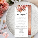 Menu Floral rose or et rose pâle<br><div class="desc">Dégustez vos invités avec cette carte Menu exquise. Concevez la coordination de nos invitations à l'événement Rose Gold. Disposez le design avec sur le dessus une disposition florale unique en couleur rousse, rose rousse, pêche et champagne et sur le fond votre nom et votre date. Détail de typographie de script...</div>