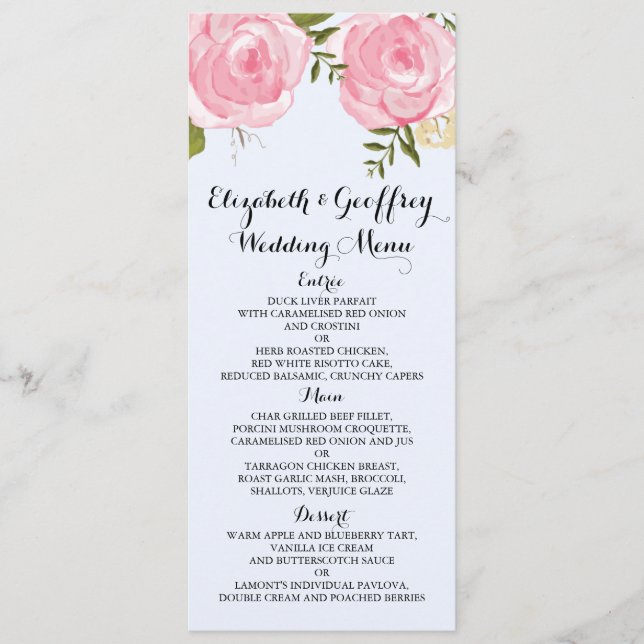 Menu floral rose vintage moderne de mariage (Devant)