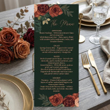 Menu floral vert foncé romantique , Menu de mariag