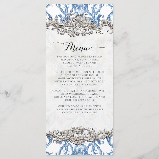 Menu Floral Vintage baroque Rococo Bleu et Argent (Devant)