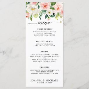 Menu Florales rose pâle Mariage botanique moderne