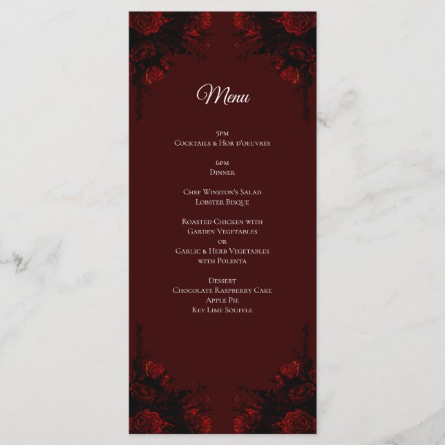 Menu Flore rouge profond Élégant Mariage gothique (Devant)