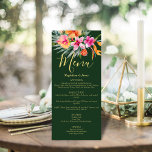 Menu Flore tropicale rose et orange sur vert<br><div class="desc">Le design tropical mariage est parfait pour les couples qui prévoient un mariage d'été,  de plage ou de destination. Menus présente un design d'aquarelle magnifique et dynamique avec des fleurs tropicales dans les tons rose et orange,  qui rappelle un magnifique paradis insulaire.</div>