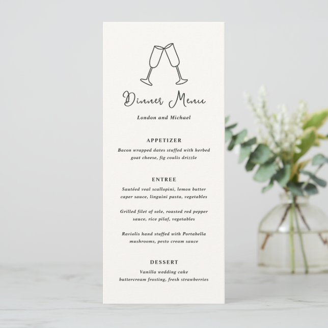 Menu Flûtes Dessinées à la Main Doodle Mariage Moderne (Debout devant)