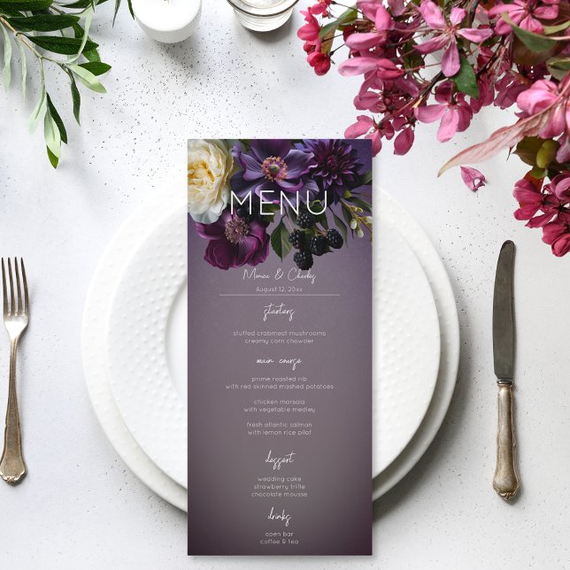 Menu Foncé Moody Purple Lavender Floral Mariage moderne (Dark Moody Purple & Lavender Floral Modern Wedding Menu)