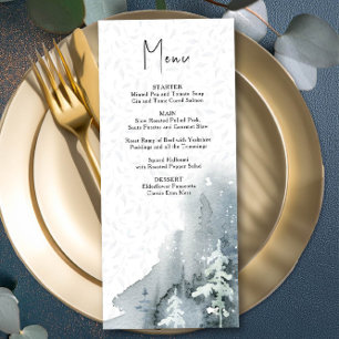 Menu Forêt de neige à l'aquarelle Mariage hivernal Bleu