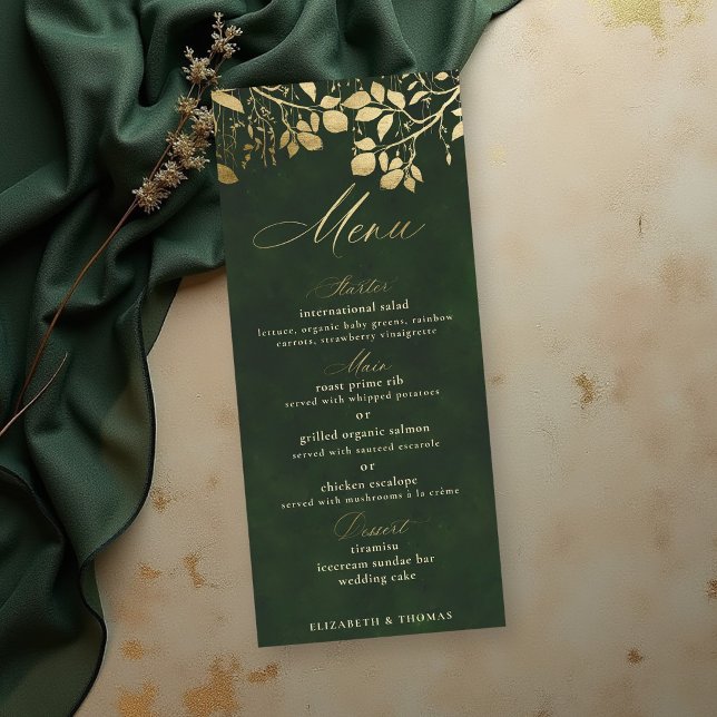 Menu Forêt Enchantée Or Feuillage Chasse Vert Mariage (enchanted forest wedding theme menu card gold foliage hunter green gold elegant)