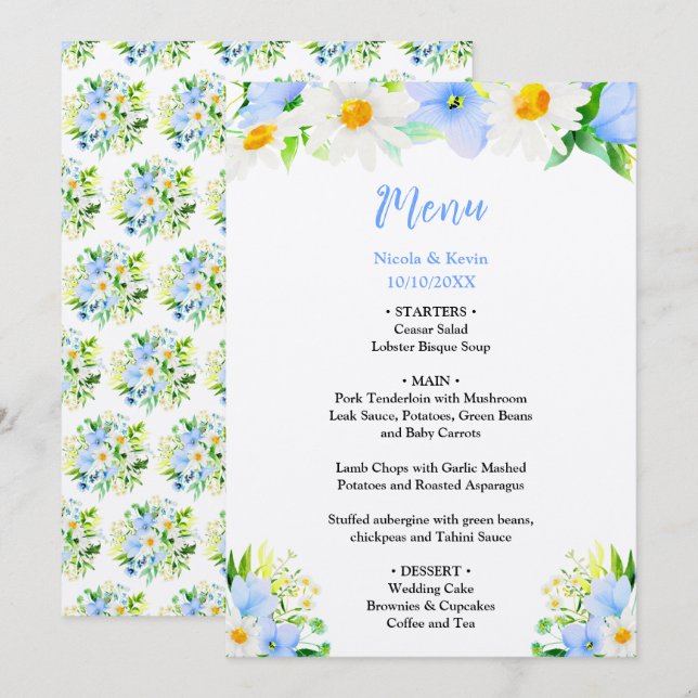 Menu Forget-Me-Nots and Daisies Floral Wedding (Devant / Derrière)