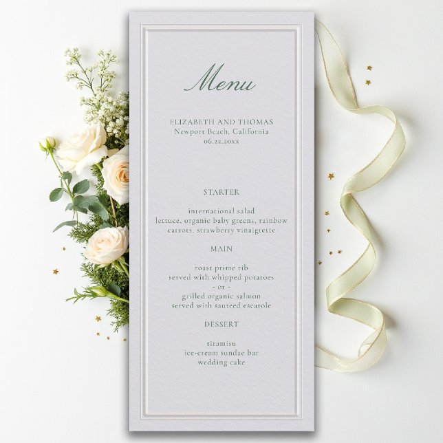 Menu Formal Classic Green Elevated Frame Ivory Wedding (formal wedding menu modern classic ivory double frame sage green calligraphy)
