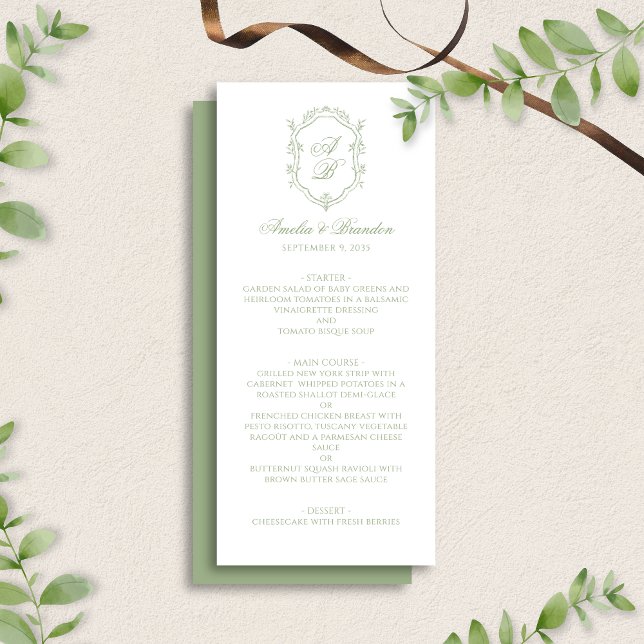 Menu Formal Classic Sage Green Monogram Crest Wedding (Créateur téléchargé)