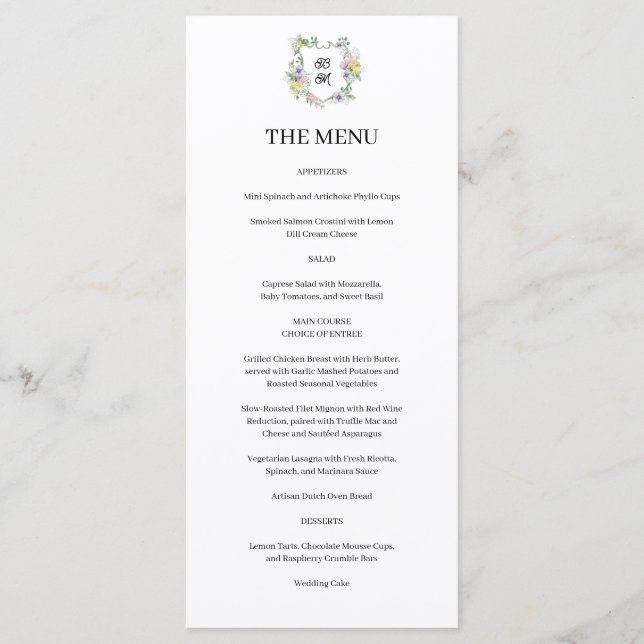 Menu Formal Floral Monogram Crest Wedding (Devant)