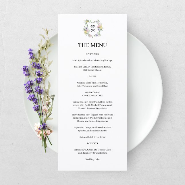 Menu Formal Floral Monogram Crest Wedding (Créateur téléchargé)