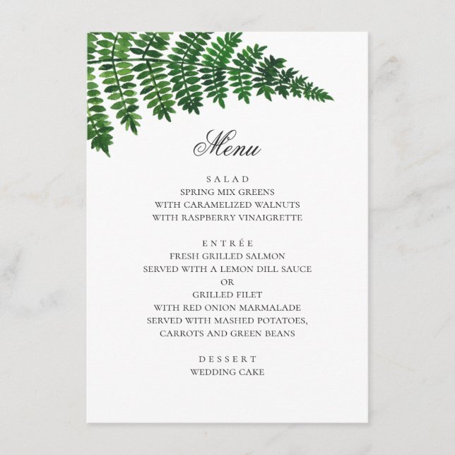 Menu Fougère aquarelle. Mariage en forêt. Botanique (Devant)
