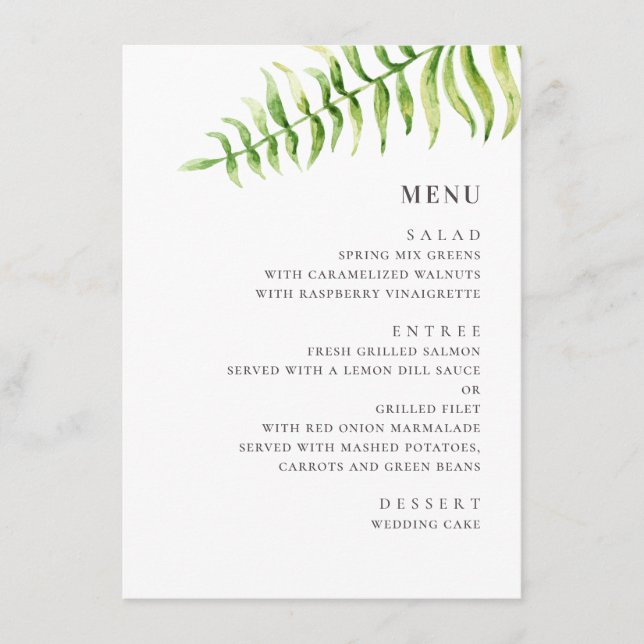 Menu Fougère verte à l'aquarelle. Mariage botanique ver (Devant)