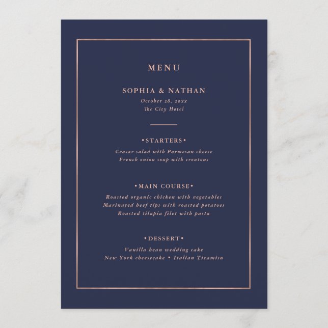 Menu Frontière or Rose Faux sur le Mariage bleu nuit (Devant)